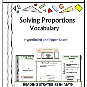 Puede incluir: Una hoja de trabajo verde y blanca con el título "Solving Proportions Vocabulary" y el texto "Hyperlinked and Paper Based". La hoja de trabajo incluye una tabla de contenido, una sección sobre el vocabulario de resolución de proporciones y una sección sobre estrategias de lectura en matemáticas.