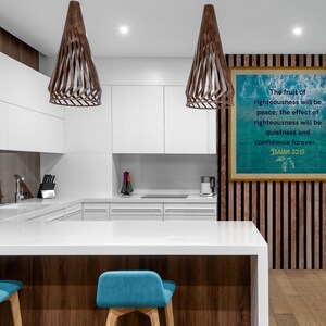 Arte mural inspirador de las Escrituras de Isaías 32:17, decoración del hogar con versículos bíblicos, arte mural con citas bíblicas, impresión de versículos bíblicos