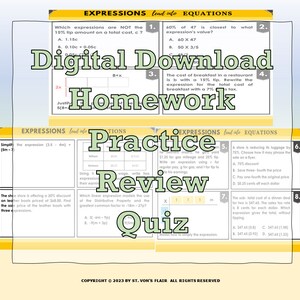 以下が含まれることがあります： デジタルダウンロードの宿題、練習、復習、クイズのワークシート。ワークシートは、式と方程式用です。ワークシートのテキストには「式は方程式につながる」が含まれています。
