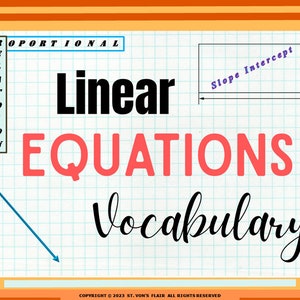 Könnte beinhalten: Eine blaue und rote Grafik mit den Worten "Linear Equations Vocabulary" auf einem weißen Gitterhintergrund. Die Grafik enthält eine Linie mit einem Pfeil, ein Rechteck mit der Bezeichnung "Slope Intercept" und das Wort "Proportional" vertikal geschrieben.