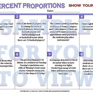 May include: A worksheet with eight maths problems involving percentages. The worksheet is titled "Percent Proportions" and includes the instruction "Show Your Work."