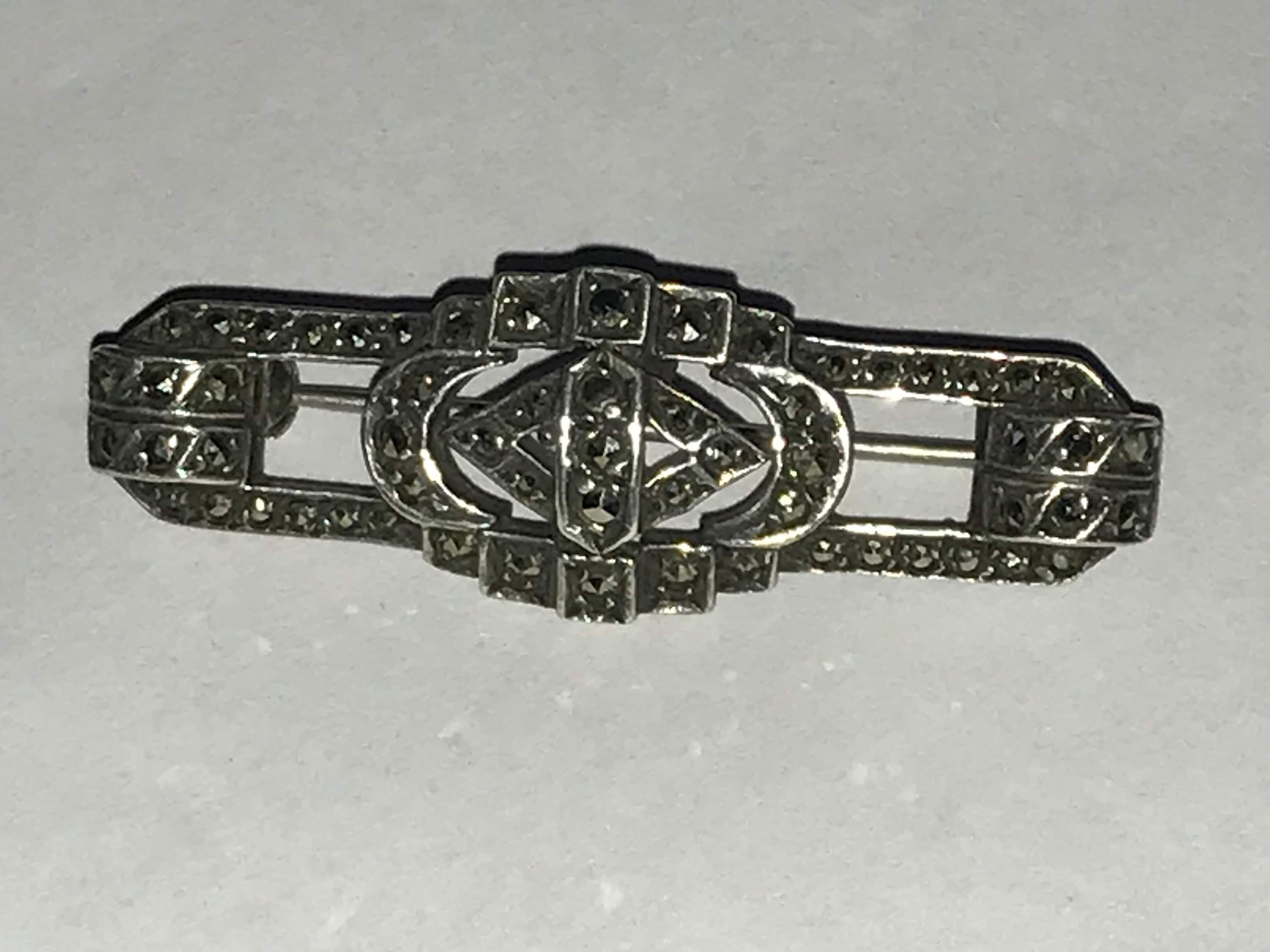 Broche Ancienne Art Déco Années 30 - Argent Massif Et Marcassite Motif Feuille - Occasion