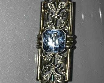Ancienne Broche En Argent Massif Avec Pierre Bleu
