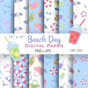 Beach digital paper for printing. Set of summer backgrounds. Colourful digital paper pack for printing wrapping paper, scrapbooking, DIY