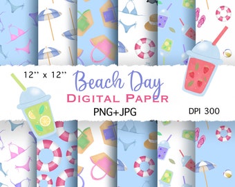 Beach digital paper for printing. Set of summer backgrounds. Colourful digital paper pack for printing wrapping paper, scrapbooking, DIY