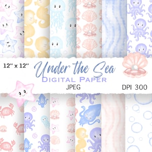 Op de afbeelding: Een set van 8 digitale papieren met een onderwaterthema. De papieren bevatten verschillende zeedieren zoals zeesterren, kwallen, zeepaardjes, octopussen en schelpen. De papieren zijn 30,5 cm bij 30,5 cm en 300 DPI.