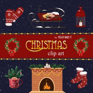 Clipart azul de Natal, férias de inverno, lareira, trenó, neve, Ano Novo, luvas, época de Natal, download instantâneo