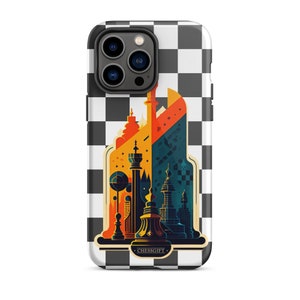 May include: A phone case with a black and white chequered pattern. The case features a colourful illustration of chess pieces and cityscapes in orange, yellow, and blue. The text "CHESSGIFT" is at the bottom.