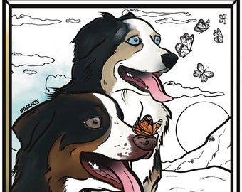 Australian Shepherds and Butterflies Coloring Page (JPEG Download)