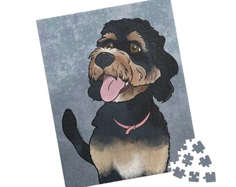 Könnte beinhalten: Eine Cartoon-Illustration eines schwarzen und braunen Hundes mit einem rosa Halsband auf einem grauen Hintergrund mit einem Puzzle-Rand.