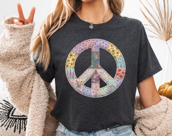 Floral Peace Sign Faux Patchwork Design Shirt: Boho Hippie Tee