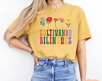 Chemise florale bilingue pour professeur, Cultivando Bilingues, Spanish Maestra