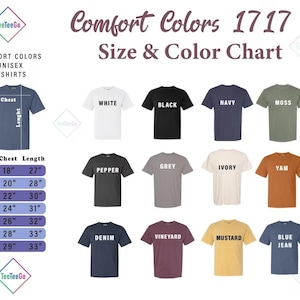 May include: Size chart for unisex t-shirts in various colors, including white, black, navy, moss, pepper, grey, ivory, yam, denim, vineyard, mustard, and blue jean. The chart shows chest and length measurements in inches for sizes S through 4XL.