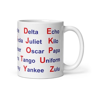 White glossy mug NATO Phonetic Alphabet