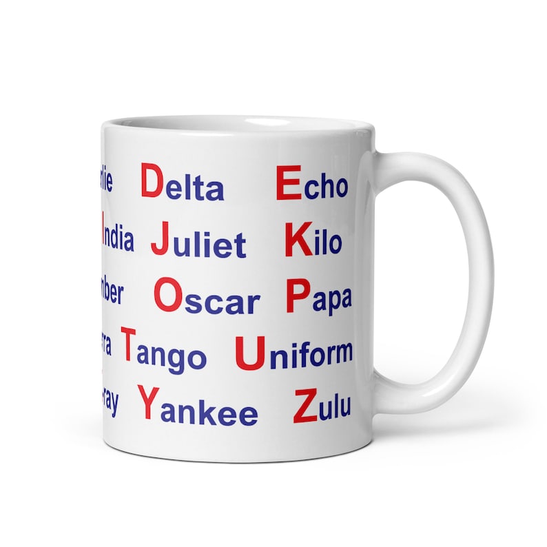 White glossy mug NATO Phonetic Alphabet