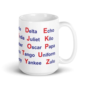 White glossy mug NATO Phonetic Alphabet