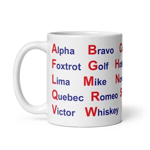White glossy mug NATO Phonetic Alphabet