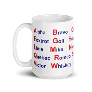 White glossy mug NATO Phonetic Alphabet