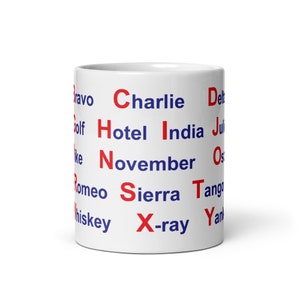 White glossy mug NATO Phonetic Alphabet