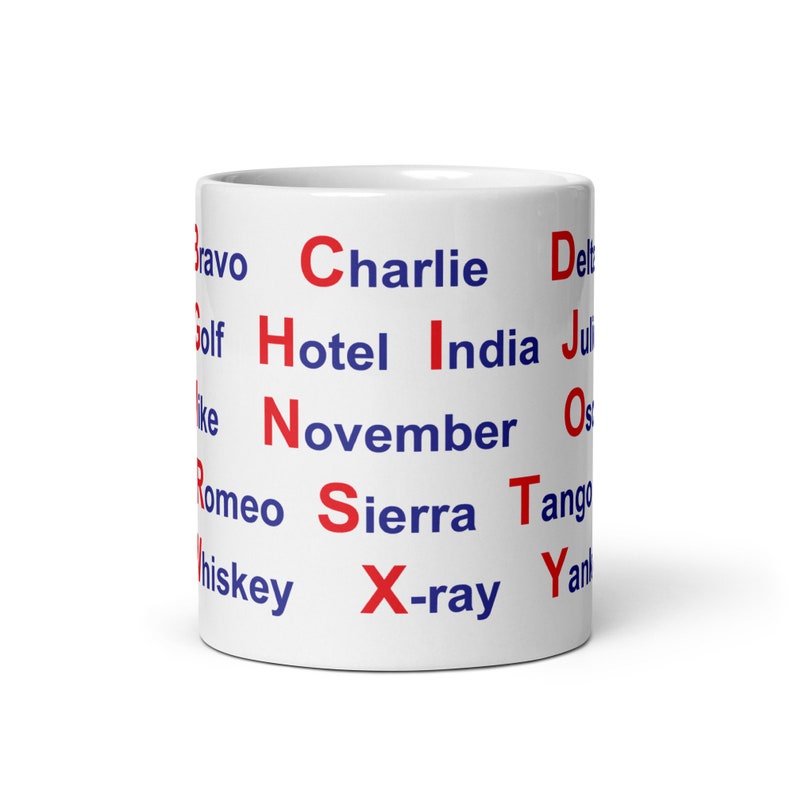 White glossy mug NATO Phonetic Alphabet