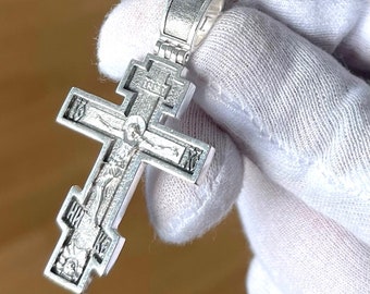Christian Greek Orthodox Crucifix Pendant W/ Prayer. 925 Sterling Silver. Authentic Religious Cross