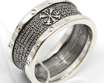 Orthodox Ring Silver 925 Psalm 22 Prayer Handmade Christian Authentic Band Chrism Symbol