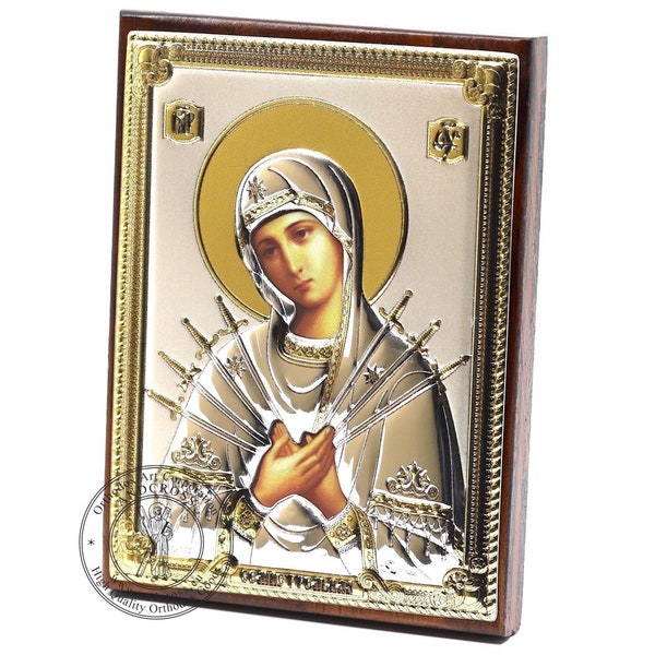 Mother Of God Seven Arrows Silver Plated .999 Wooden Orthodox Icon Oklad  ( 3.1" X 4.3" ) 8cm X 11cm