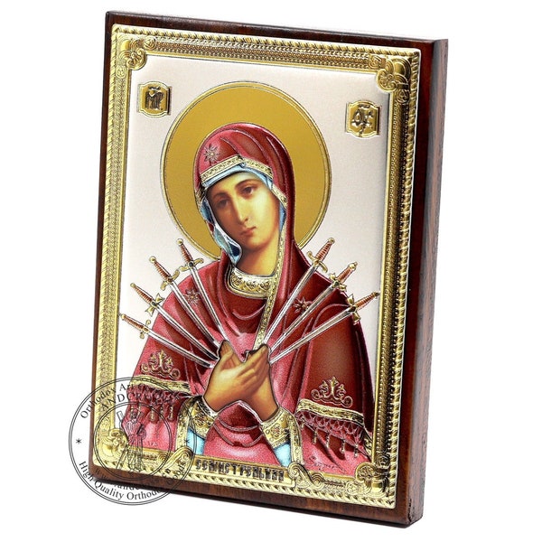 Handgemaakt hout Orthodox Icoon Moeder Gods Zeven Pijlen. Verzilverd .999 houten Сhristian Icon (3.1 "X 4.3") 8cm X 11cm + Gift case