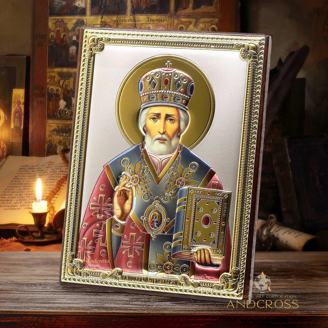 Handcrafted Saint Nicholas Orthodox Icon – Silver & Gold Byzantine ...
