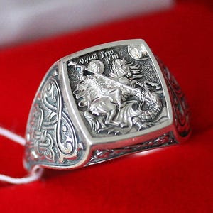 St. George Victorious And Dragon Ring Saint George Beating Dragon Men Ring, Victorious Knight Christian Orthodox Prayer Ring Silver 925