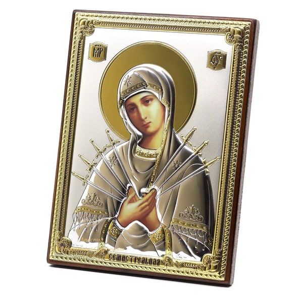 Madre De Dios Siete Flechas Icono Ortodoxo Cristiano de Madera Chapado en Plata .999 ( 5.12 "X 7.1" ) 13cm X 18cm Hecho a mano + Estuche de regalo