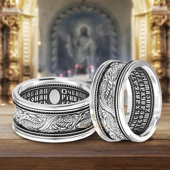 Bague homme orthodoxe fait main large bande en argent 925 chrétien