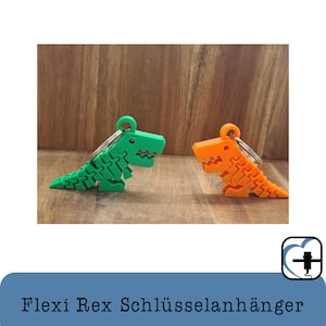Könnte beinhalten: Zwei 3D-gedruckte Dinosaurier-Schlüsselanhänger, einer grün und einer orange, auf einer Holzoberfläche. Die Dinosaurier sind beweglich und haben ein flexibles Design.