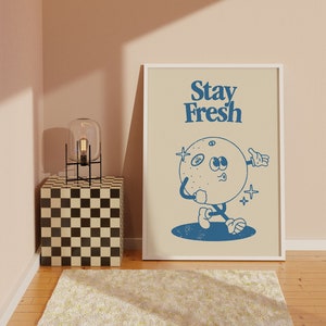 Stay Fresh - Pomarańczowy owoc retro sztuka ścienna, wydruk cytatu, wydruk do pobrania cyfrowego, niebieski plakat retro, wydruki do oprawienia, modny wydruk artystyczny