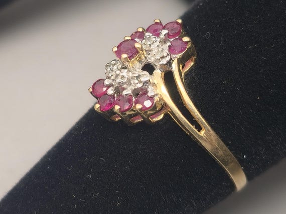 Estate 10K Solid Gold Ruby & Diamond Cocktail Rin… - image 5