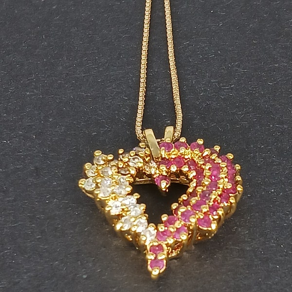 Solid Vermeil Sterling Silver Ruby CZ Heart Pendant and Chain 15 and 40th Anniversary Gold Plated 925 Box Link Necklace July Birthstone A58
