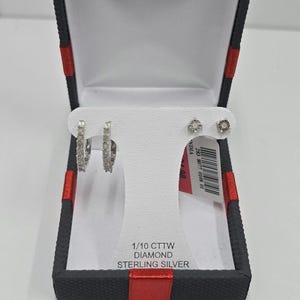 Sterling Silver 1/10 CTTW Diamond Earring Set, Studs and Hoops NIB New Old Stock