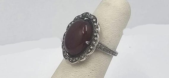 Solid Sterling Silver Carnelian and Marcasite Rin… - image 2