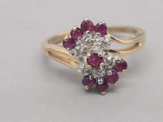 Estate 10K Solid Gold Ruby & Diamond Cocktail Rin… - image 2