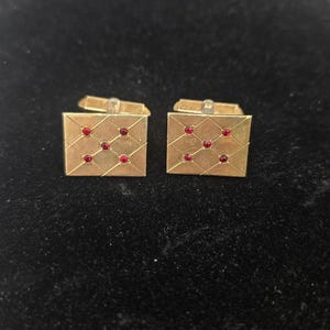 Estate 12K Gold Filled Garnet Argyle Pattern Rectangular Cufflinks