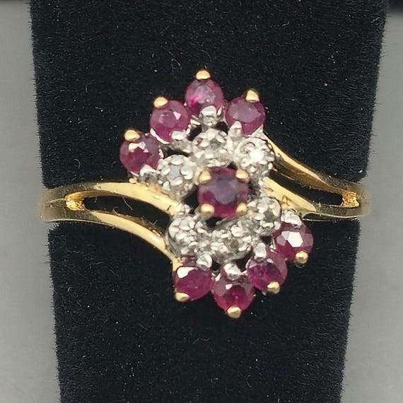 Estate 10K Solid Gold Ruby & Diamond Cocktail Rin… - image 1