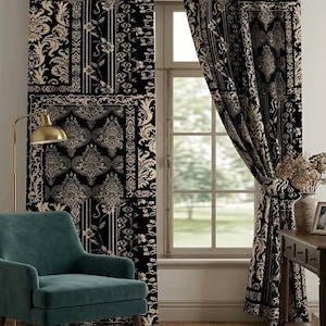 May include: Black and beige patterned curtains with a damask design. The curtains are hanging in front of a window, and a teal armchair is in the foreground. A gold floor lamp is to the left of the curtains.