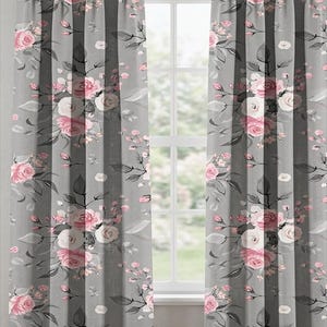 Tenda floreale grigia – Motivo a rose rosa tenue su sfondo grigio, tenda oscurante personalizzata