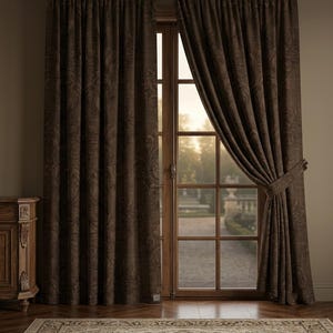 Peut inclure: Une paire de rideaux marron foncé pleine longueur présentant un motif damassé ton sur ton subtil. Les rideaux sont suspendus à une tringle, avec un panneau tiré sur le côté et fixé par une embrasse assortie, révélant une porte vitrée.