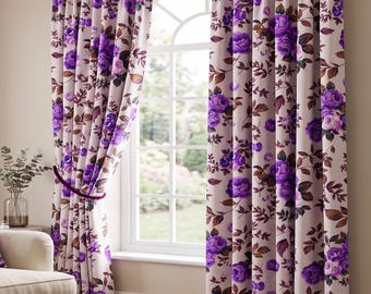Panel de cortina floral morado, cortinas botánicas estilo cottagecore, decoración de ventanas de estilo rústico