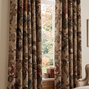 Vintage Floral Curtain, Persian Style Drapes, Beige Botanical Curtains, Classic Antique Flower Pattern, Living Room Bedroom Decor Panel
