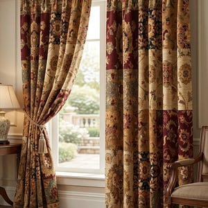 Pode incluir: Um par de cortinas de comprimento total com um design de patchwork em tons de vermelho profundo, dourado e castanho escuro com padrões florais e de damasco. As cortinas estão penduradas numa vara metálica com argolas e incluem um prendedor.