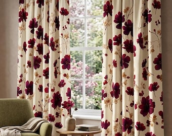 Red Floral Curtain Panel, Cottagecore Botanical Drapes, Farmhouse Window Decor