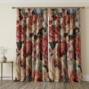 Vintage Rose Floral Curtain Panel, Cottagecore Botanical Drapes, Farmhouse Window Treatment