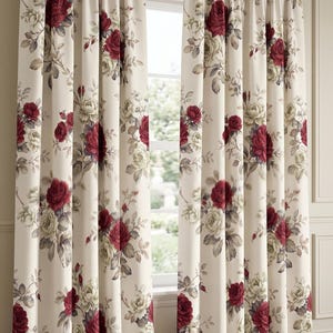 May include: A pair of floor-length curtains featuring a floral pattern with deep red and pale green roses on a cream-coloured background. The curtains are hung on a metal rod with pleated headers, creating vertical folds that drape down to the floor.